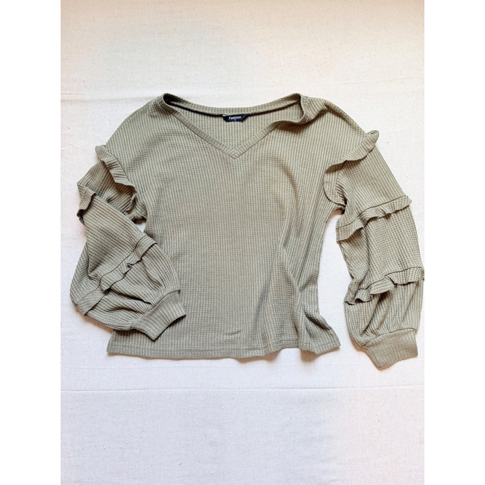 Fashion Olive Green Waffle Knit V-Neck Ruffle Tiered Sleeve Top M8247 S